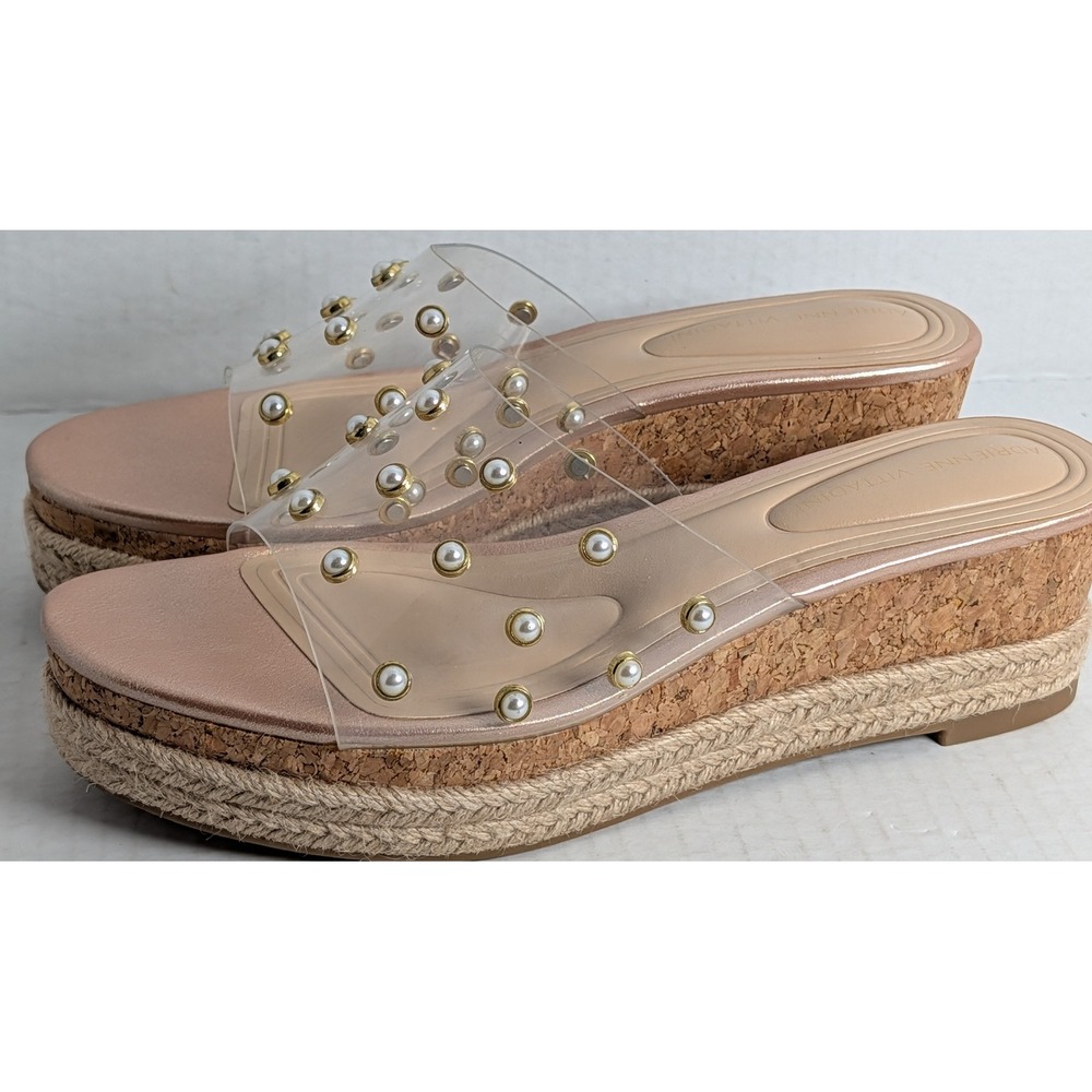 Adrienne Vittadini Pearl Stud Clear Strap Cork Wedge Slide Sandals Women's 8M
